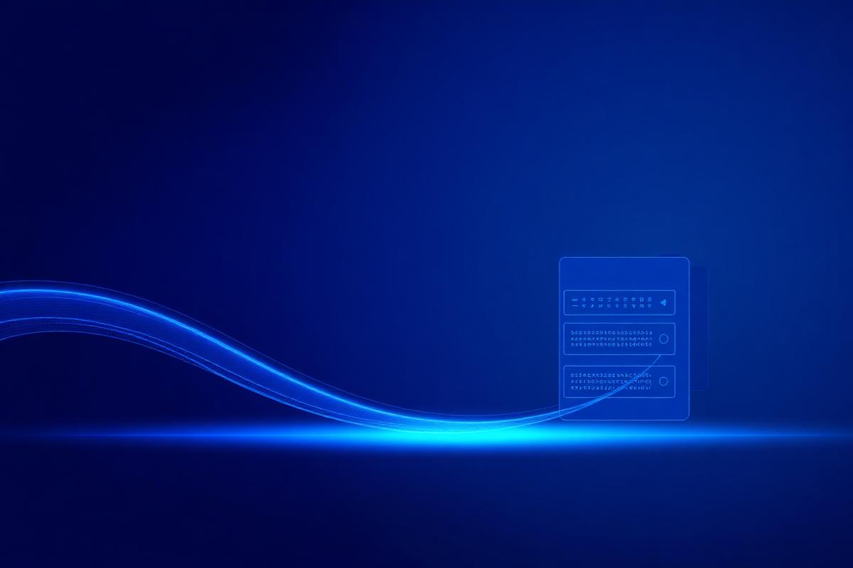 Abstract blue illustration of a light streak flowing into a server panel
