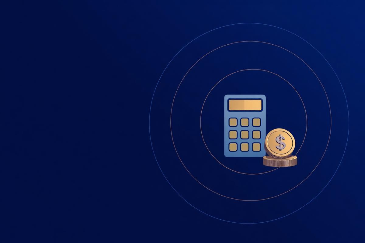 Abstract navy illustration of a calculator and coins inside thin circles